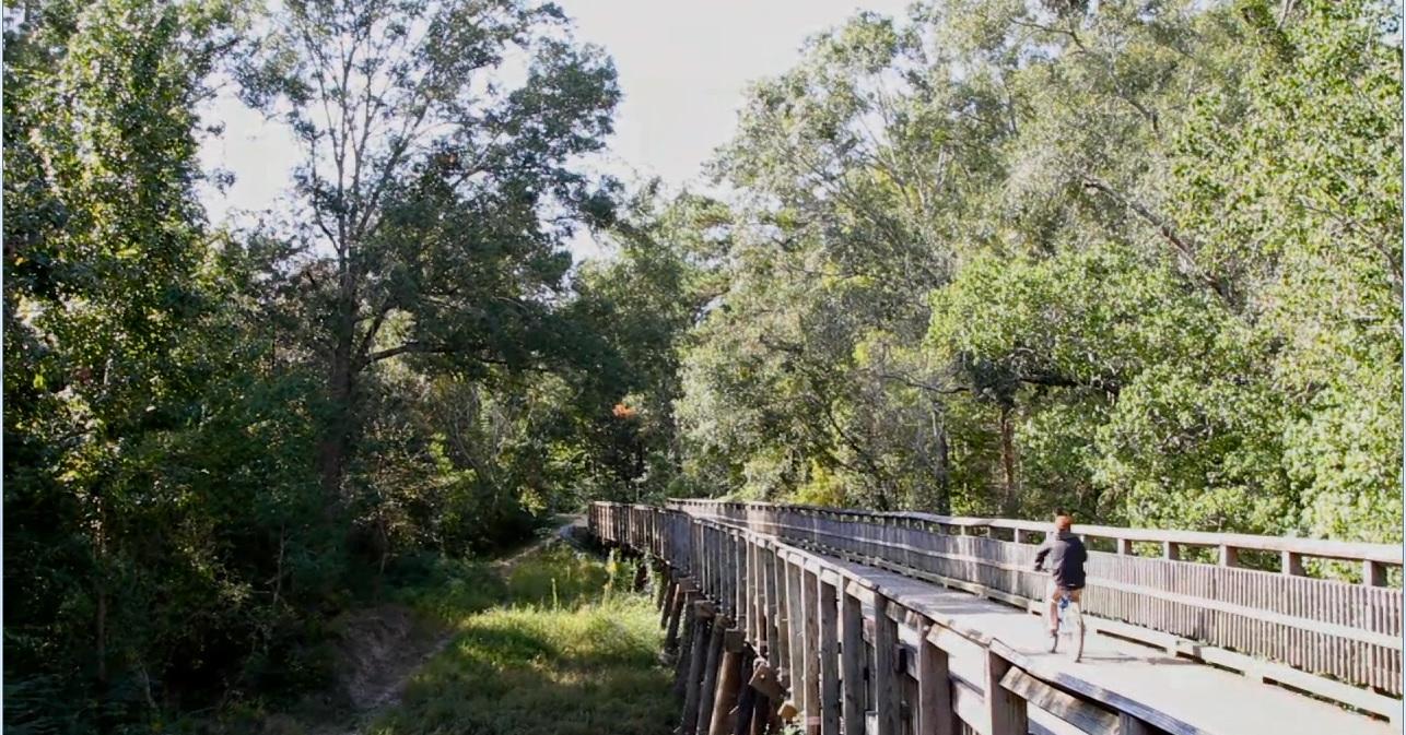 Biking across wooden bridge on the Tammany Trace