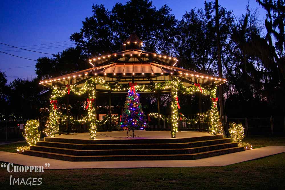 Madisonville Ball Park gazebo decorated for Merry Madisonville