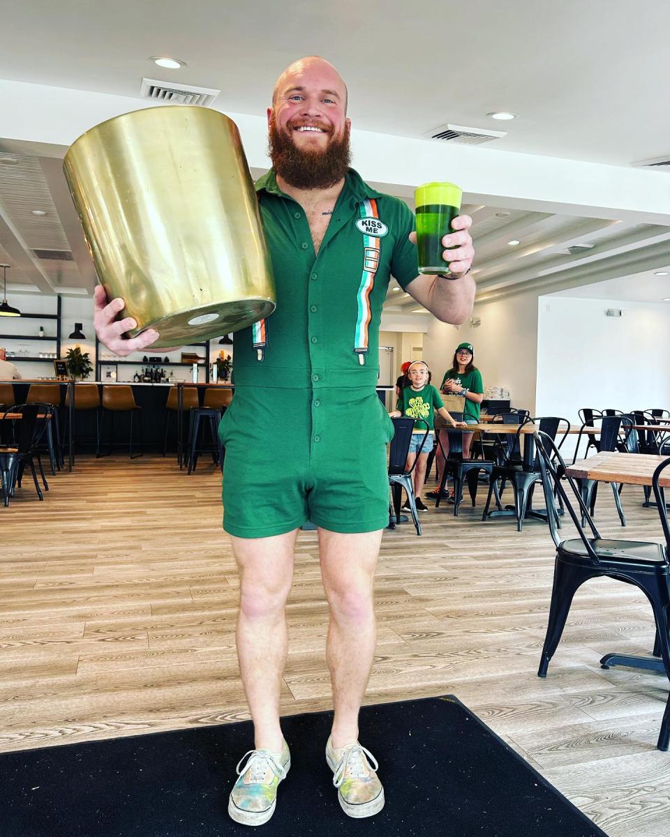 Chef Gavin Jobe of Meribo as a leprechaun for St. Patrick's Day in Covington